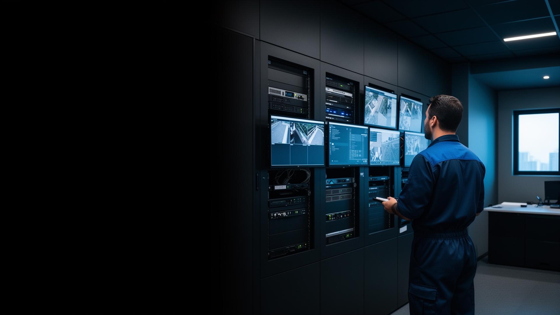 Técnico da WH monitorando servidores e câmeras de segurança